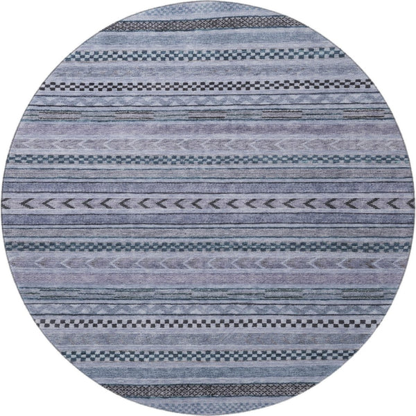 HomeRoots 8' Blue And Gray Striped Round Rug - Washable, UV Protected, Non-Slip, Perfect for High-Traffic Areas 695165