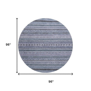 HomeRoots 8' Blue And Gray Striped Round Rug - Washable, UV Protected, Non-Slip, Perfect for High-Traffic Areas 695165