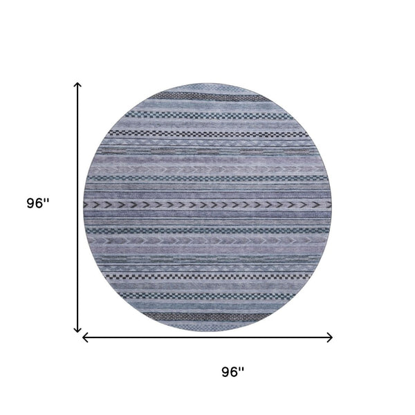 HomeRoots 8' Blue And Gray Striped Round Rug - Washable, UV Protected, Non-Slip, Perfect for High-Traffic Areas 695165