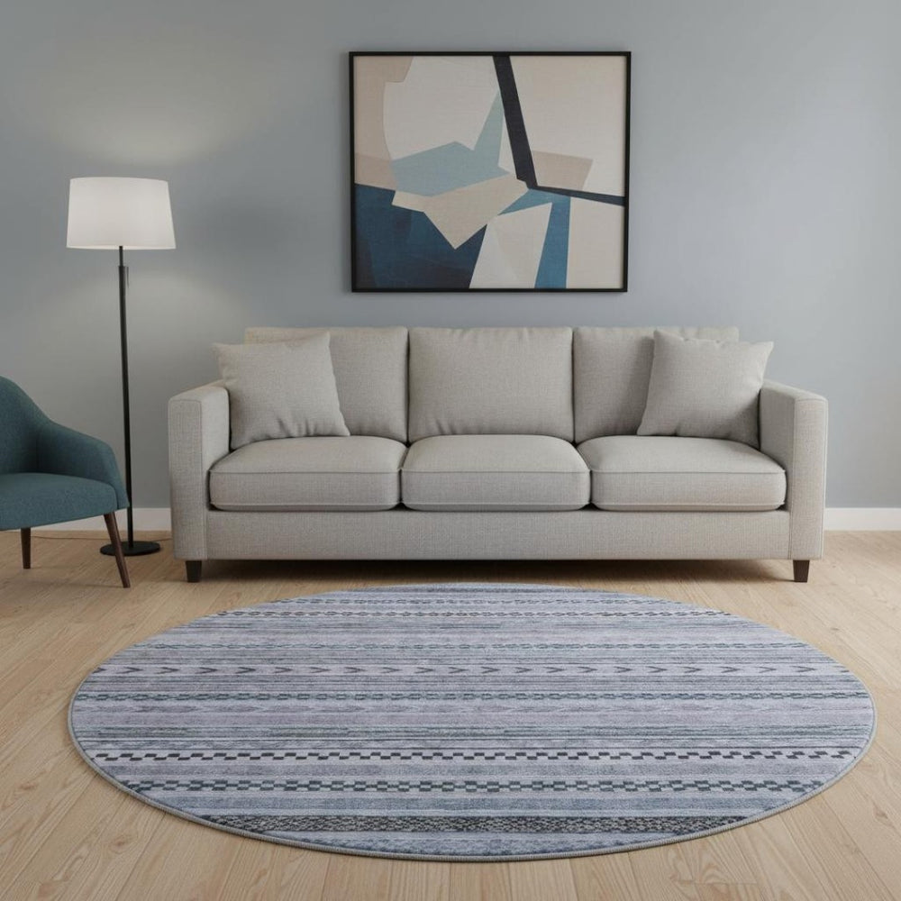 HomeRoots 8' Blue And Gray Striped Round Rug - Washable, UV Protected, Non-Slip, Perfect for High-Traffic Areas 695165