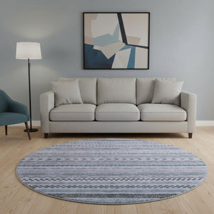 HomeRoots 8' Blue And Gray Striped Round Rug - Washable, UV Protected, Non-Slip, Perfect for High-Traffic Areas 695165