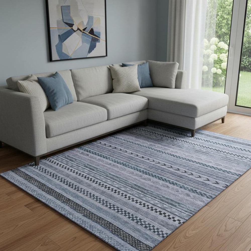 HomeRoots 8' X 10' Striped Washable Area Rug – Stylish Blue & Gray Design with UV Protection for Everyday Life 695166