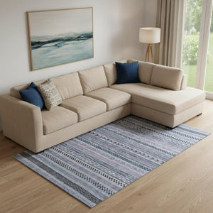 HomeRoots 9' X 12' Striped Blue and Gray Washable Area Rug with UV Protection – Perfect for Family Spaces! 695167