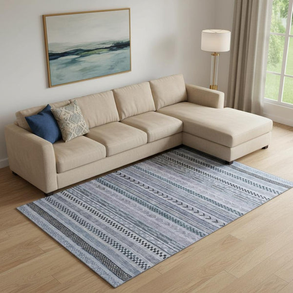 HomeRoots 10' Blue and Gray Striped Washable Area Rug - Durable, UV Protected for High-Traffic Spaces! 695168