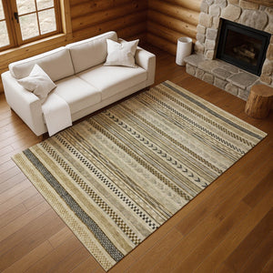 HomeRoots 5' X 8' Chocolate Gray and Ivory Striped Washable Area Rug - Stylish, Durable, UV Protected Design! 695170