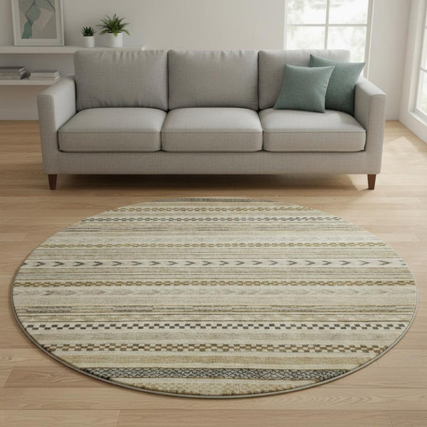 HomeRoots 8' Chocolate Gray and Ivory Striped Washable Round Rug with UV Protection for Stylish Spaces 695171