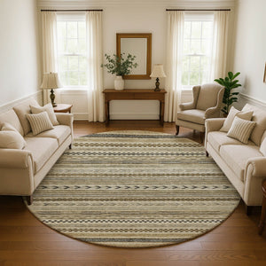 HomeRoots 8' Chocolate Gray and Ivory Striped Washable Round Rug with UV Protection for Stylish Spaces 695171