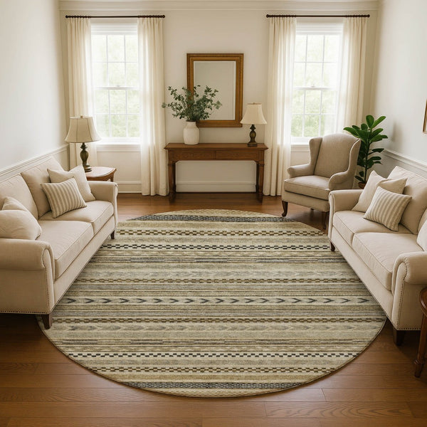 HomeRoots 8' Chocolate Gray and Ivory Striped Washable Round Rug with UV Protection for Stylish Spaces 695171