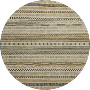 HomeRoots 8' Chocolate Gray and Ivory Striped Washable Round Rug with UV Protection for Stylish Spaces 695171