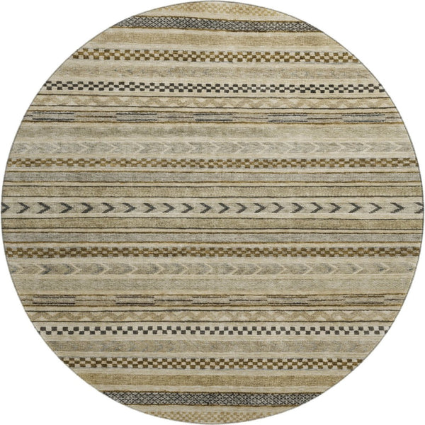 HomeRoots 8' Chocolate Gray and Ivory Striped Washable Round Rug with UV Protection for Stylish Spaces 695171