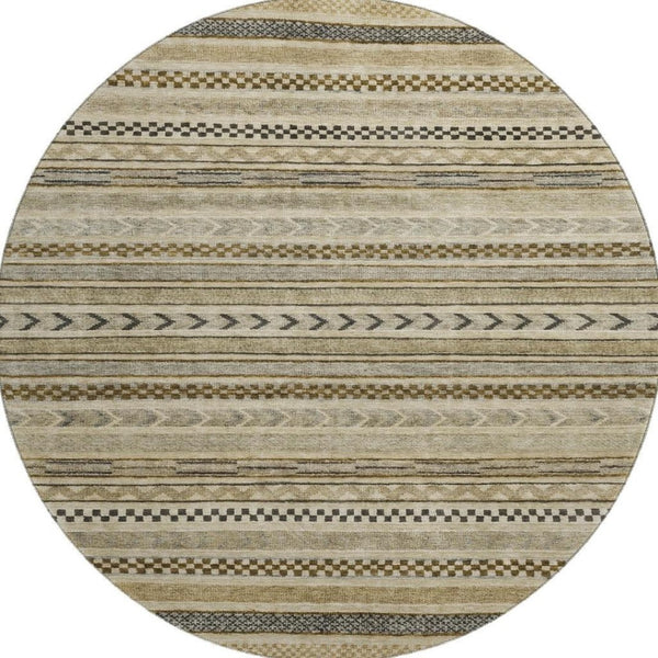 HomeRoots 8' Chocolate Gray and Ivory Striped Washable Round Rug with UV Protection for Stylish Spaces 695171