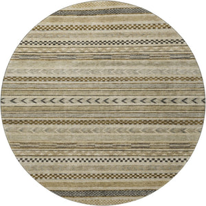 HomeRoots 8' Chocolate Gray and Ivory Striped Washable Round Rug with UV Protection for Stylish Spaces 695171