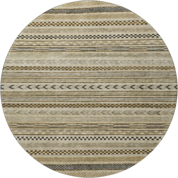HomeRoots 8' Chocolate Gray and Ivory Striped Washable Round Rug with UV Protection for Stylish Spaces 695171