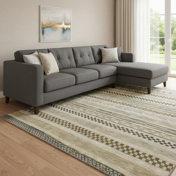 HomeRoots 8' Chocolate Gray & Ivory Striped Washable Area Rug – Durable, UV-Protected, Pet Friendly Design! 695172