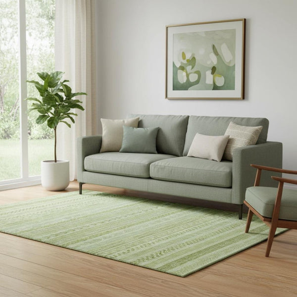 HomeRoots 5' Artichoke Green & Sage Striped Washable Area Rug - UV Protected, Durable & Stain Resistant Design 695176