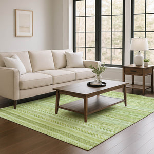 HomeRoots 5' Artichoke Green & Sage Striped Washable Area Rug - UV Protected, Durable & Stain Resistant Design 695176