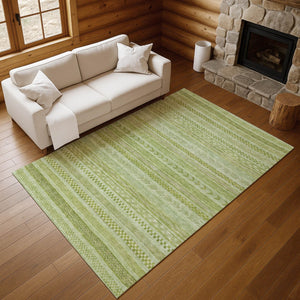 HomeRoots 5' Artichoke Green & Sage Striped Washable Area Rug - UV Protected, Durable & Stain Resistant Design 695176