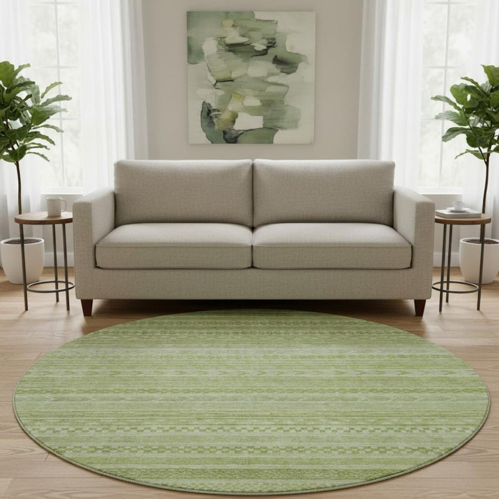 HomeRoots 8' Stylish Artichoke Green and Sage Striped Washable Round Rug with UV Protection & Non-Slip Backing 695177