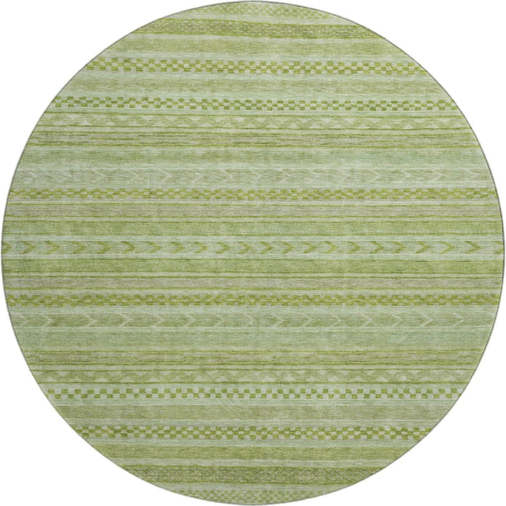 HomeRoots 8' Stylish Artichoke Green and Sage Striped Washable Round Rug with UV Protection & Non-Slip Backing 695177