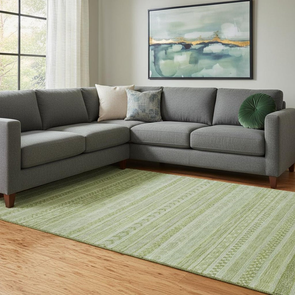 HomeRoots 8' X 10' Artichoke Green & Sage Striped Washable Area Rug - Durable, UV Protected for High-Traffic Areas 695178