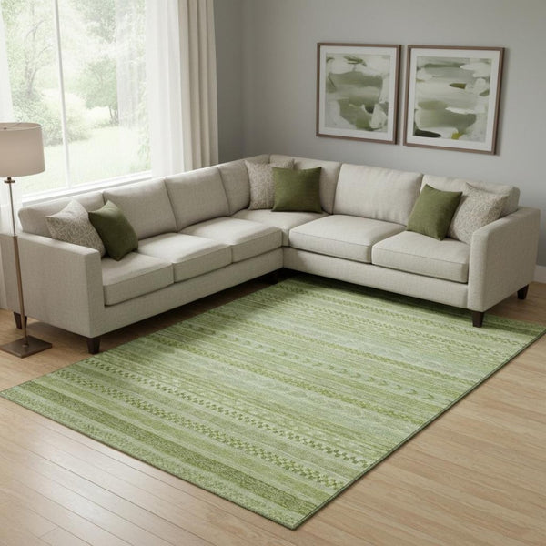 HomeRoots 9' X 12' Artichoke Green & Sage Striped Washable Area Rug - Stain Resistant & UV Protected Design 695179