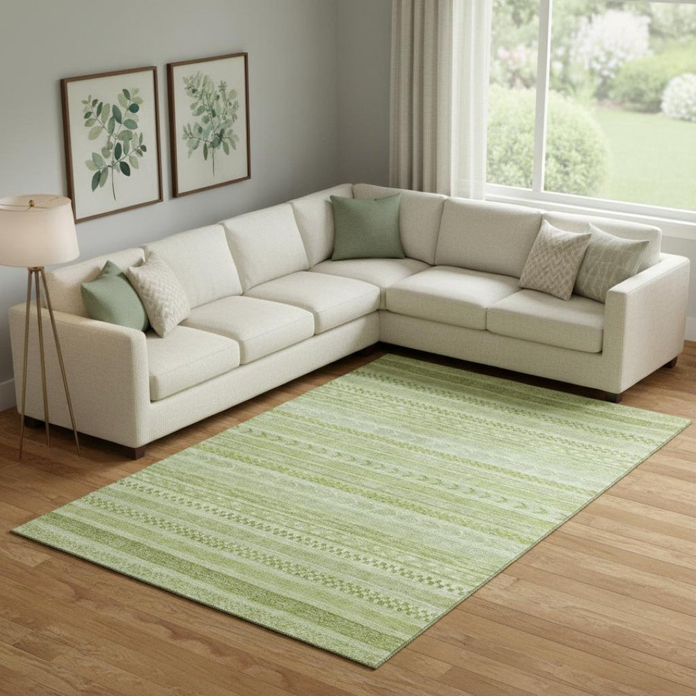 HomeRoots 10' X 14' Artichoke Green & Sage Striped Washable Area Rug – UV Protected, Durable & Stylish Design 695180