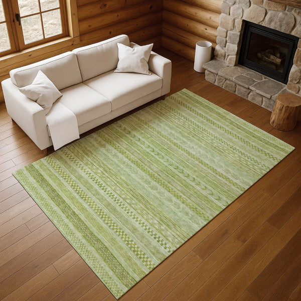 HomeRoots 10' X 14' Artichoke Green & Sage Striped Washable Area Rug – UV Protected, Durable & Stylish Design 695180