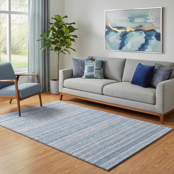 HomeRoots 5' X 8' Stylish Denim Blue and Gray Striped Area Rug – Washable, UV Protected, Durable Design! 695182
