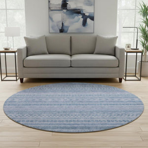 HomeRoots 8' Durable Denim Blue & Gray Striped Round Rug - Washable, UV-Protected, Ideal for Busy Homes! 695183