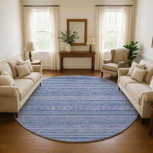 HomeRoots 8' Durable Denim Blue & Gray Striped Round Rug - Washable, UV-Protected, Ideal for Busy Homes! 695183
