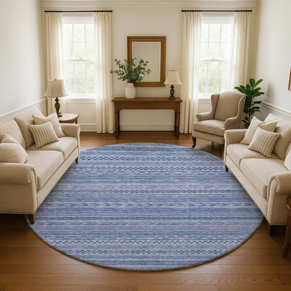 HomeRoots 8' Durable Denim Blue & Gray Striped Round Rug - Washable, UV-Protected, Ideal for Busy Homes! 695183