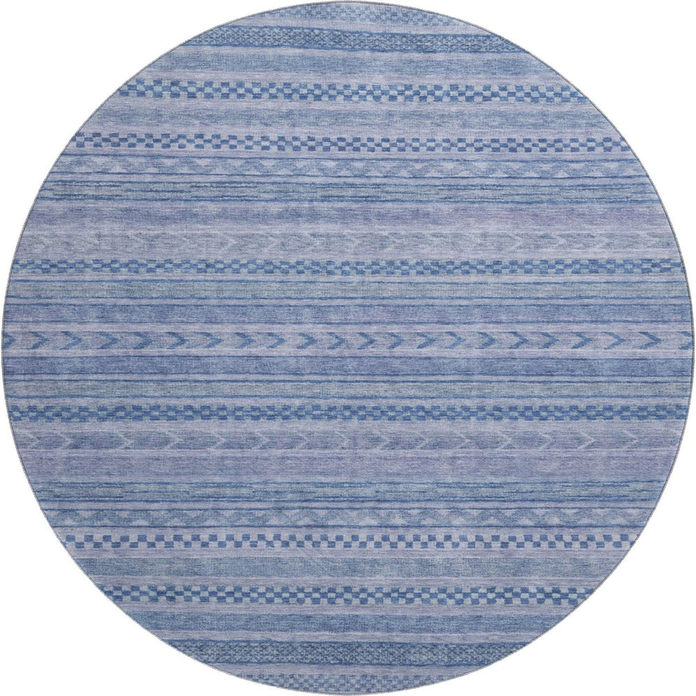 HomeRoots 8' Durable Denim Blue & Gray Striped Round Rug - Washable, UV-Protected, Ideal for Busy Homes! 695183