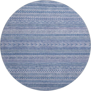 HomeRoots 8' Durable Denim Blue & Gray Striped Round Rug - Washable, UV-Protected, Ideal for Busy Homes! 695183