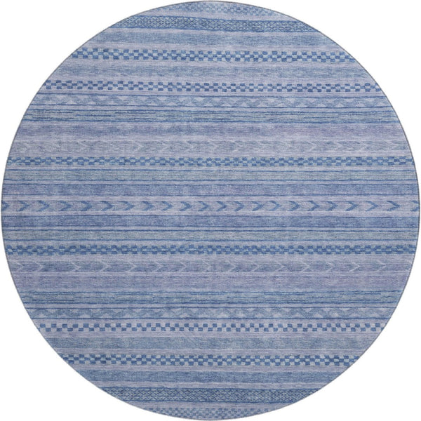 HomeRoots 8' Durable Denim Blue & Gray Striped Round Rug - Washable, UV-Protected, Ideal for Busy Homes! 695183