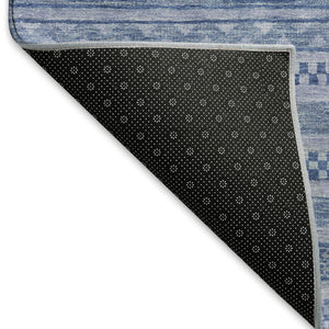 HomeRoots 8' Durable Denim Blue & Gray Striped Round Rug - Washable, UV-Protected, Ideal for Busy Homes! 695183