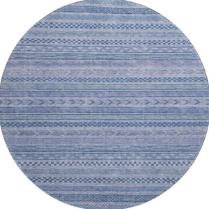 HomeRoots 8' Durable Denim Blue & Gray Striped Round Rug - Washable, UV-Protected, Ideal for Busy Homes! 695183