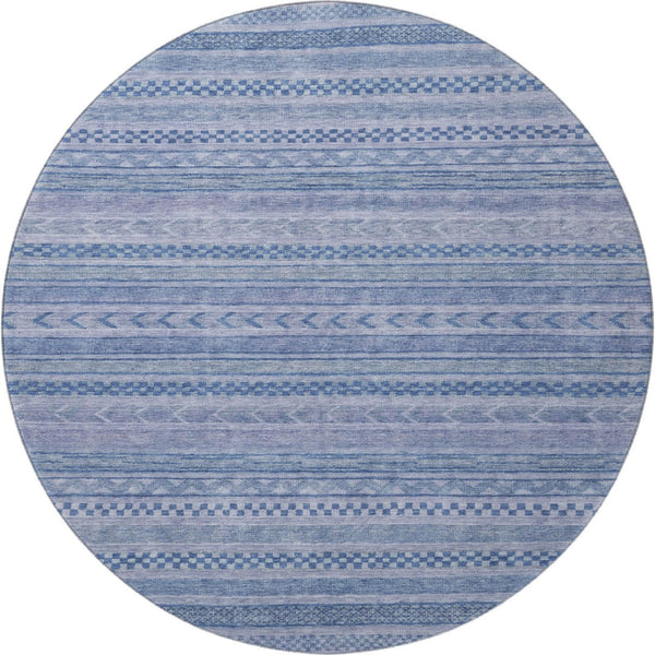 HomeRoots 8' Durable Denim Blue & Gray Striped Round Rug - Washable, UV-Protected, Ideal for Busy Homes! 695183