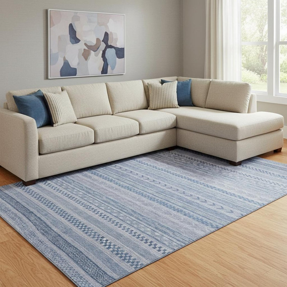 HomeRoots 8' X 10' Denim Blue & Gray Striped Washable Area Rug – Durable, UV-Protected, Perfect for Homes! 695184