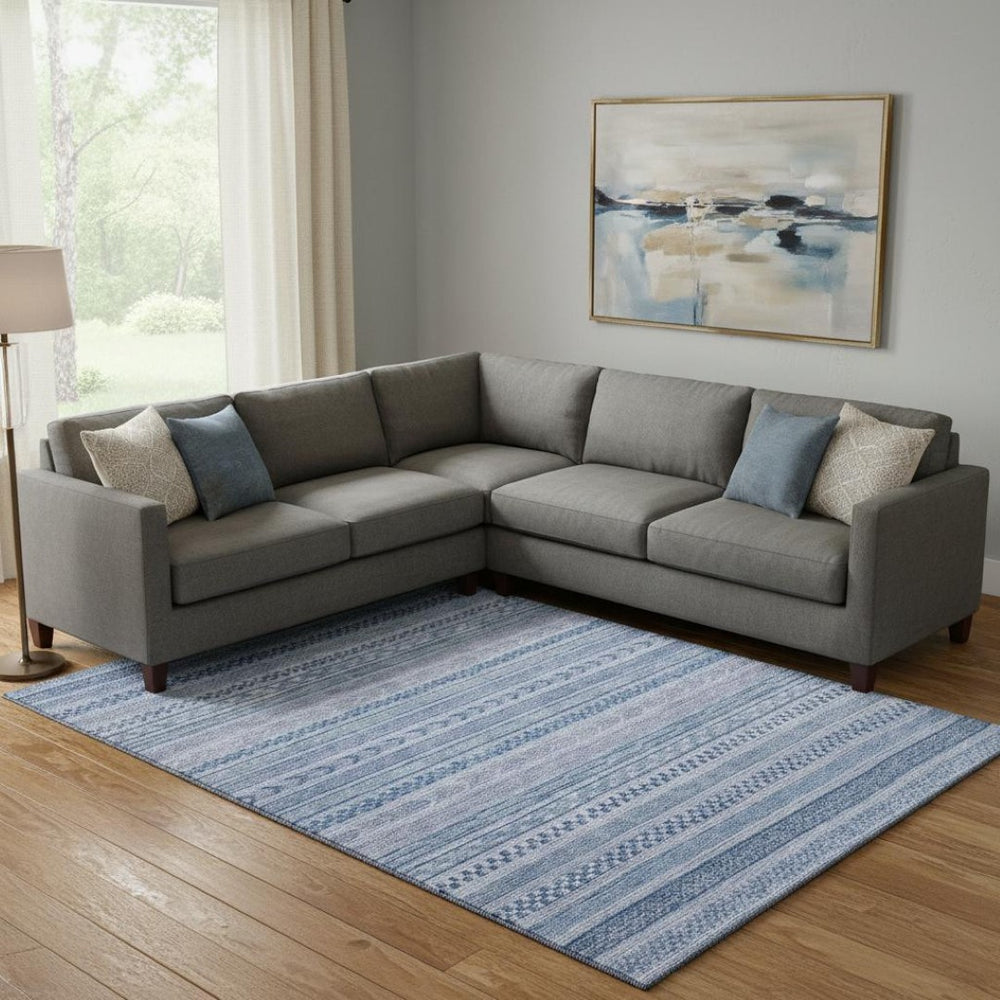 HomeRoots 9' X 12' Stylish Denim Blue & Gray Striped Area Rug – Washable, UV-Protected, Durable & Non-Slip 695185