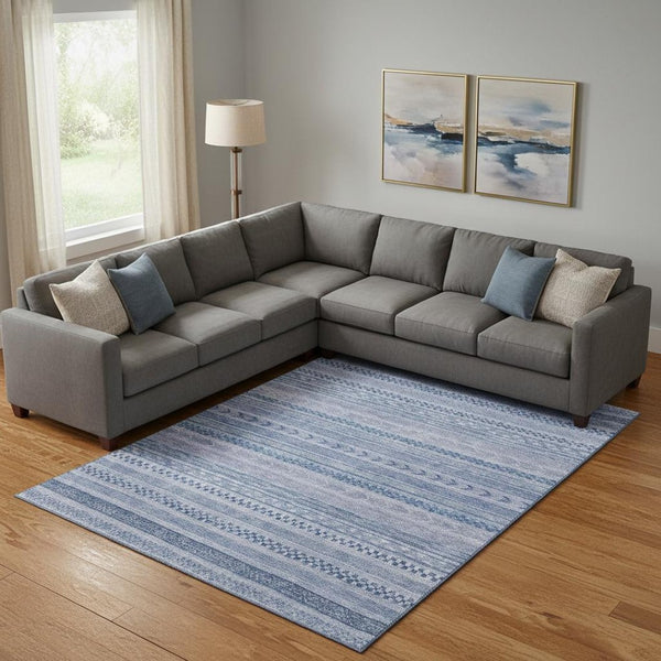 HomeRoots 10' X 14' Denim Blue and Gray Striped Washable Area Rug with UV Protection for High-Traffic Homes 695186