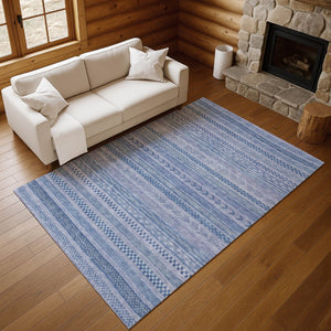 HomeRoots 10' X 14' Denim Blue and Gray Striped Washable Area Rug with UV Protection for High-Traffic Homes 695186