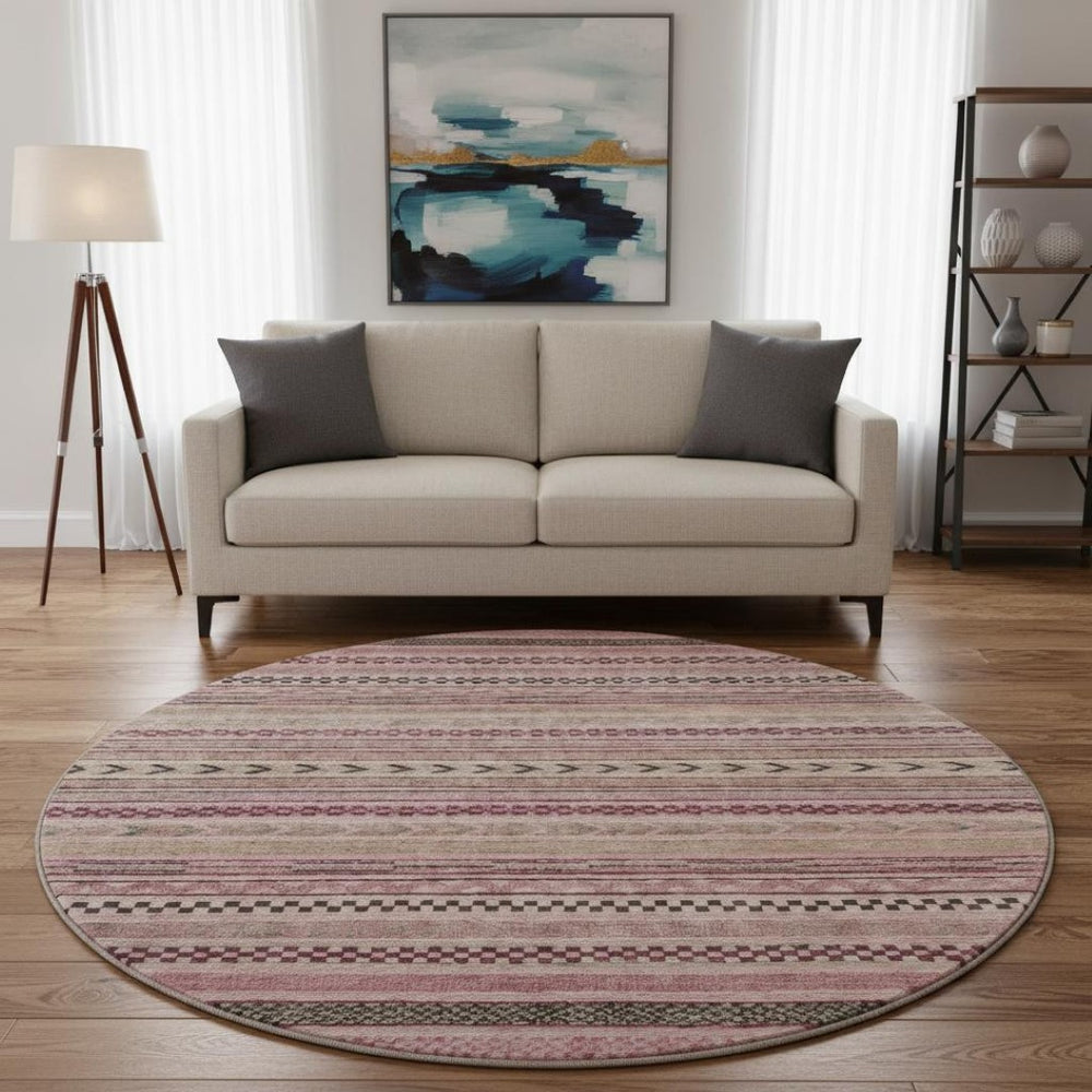 HomeRoots 8' Pink and Gray Striped Washable Round Rug - Durable, UV-Protected, Stylish for High-Traffic Areas 695189