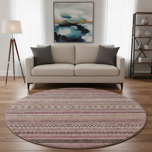 HomeRoots 8' Pink and Gray Striped Washable Round Rug - Durable, UV-Protected, Stylish for High-Traffic Areas 695189
