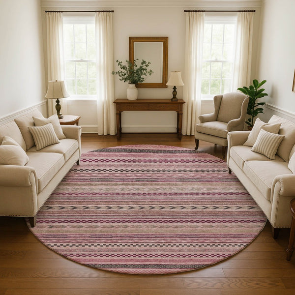 HomeRoots 8' Pink and Gray Striped Washable Round Rug - Durable, UV-Protected, Stylish for High-Traffic Areas 695189