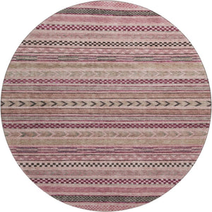 HomeRoots 8' Pink and Gray Striped Washable Round Rug - Durable, UV-Protected, Stylish for High-Traffic Areas 695189