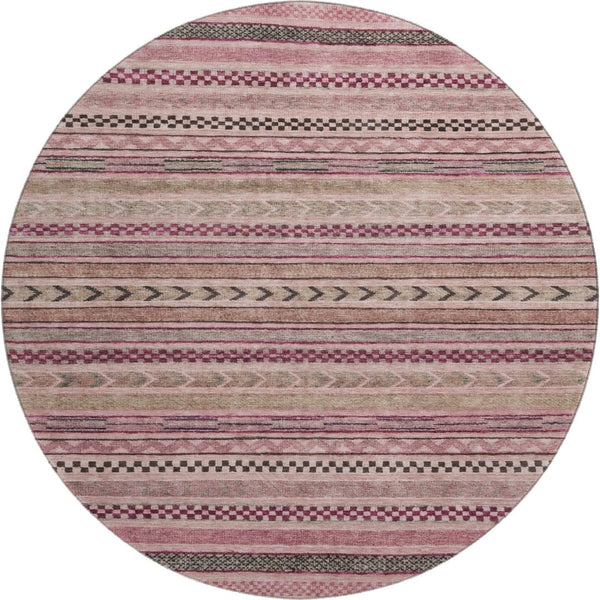 HomeRoots 8' Pink and Gray Striped Washable Round Rug - Durable, UV-Protected, Stylish for High-Traffic Areas 695189
