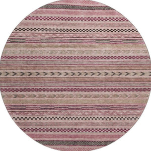 HomeRoots 8' Pink and Gray Striped Washable Round Rug - Durable, UV-Protected, Stylish for High-Traffic Areas 695189