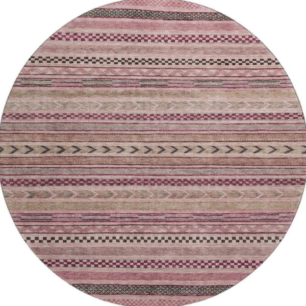 HomeRoots 8' Pink and Gray Striped Washable Round Rug - Durable, UV-Protected, Stylish for High-Traffic Areas 695189