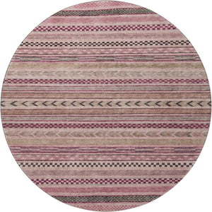 HomeRoots 8' Pink and Gray Striped Washable Round Rug - Durable, UV-Protected, Stylish for High-Traffic Areas 695189