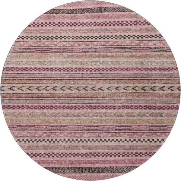HomeRoots 8' Pink and Gray Striped Washable Round Rug - Durable, UV-Protected, Stylish for High-Traffic Areas 695189